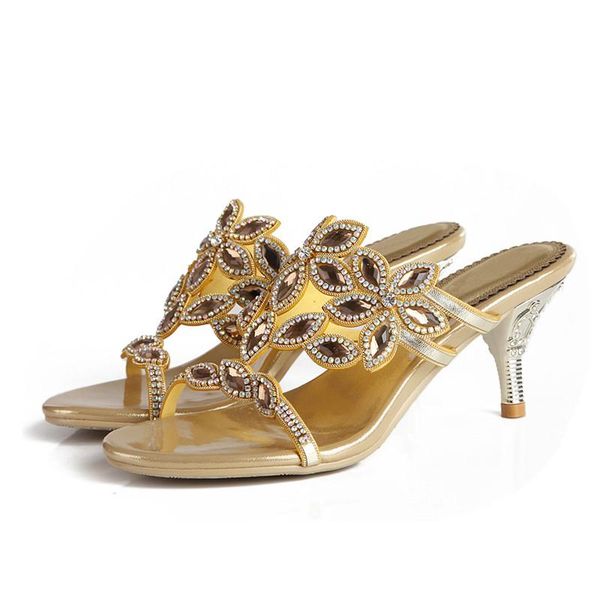 

slippers women .5 cm high heel stilettos summer sandals hollow rhinestones flowers decorative large size, Black