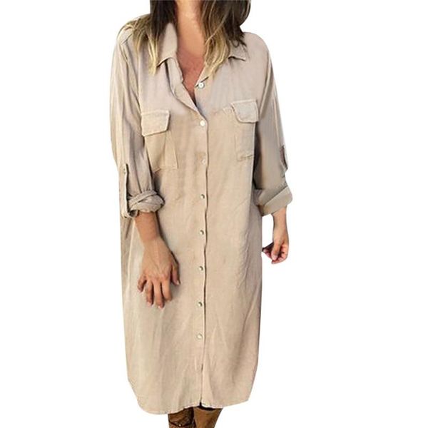 

casual dresses buttoned sundress female solid color lwomen's ong-sleeved shirt pocket dress vestido elbise robe#g7, Black;gray