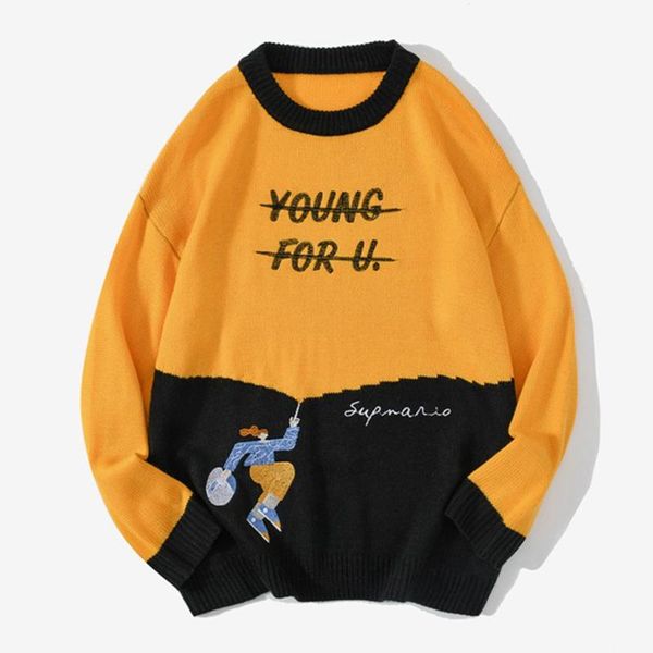 

women's sweaters hit color patchwork 2021 autumn winter funny cartoon pattern print knitted jumper oversize loose sweater warm, White;black