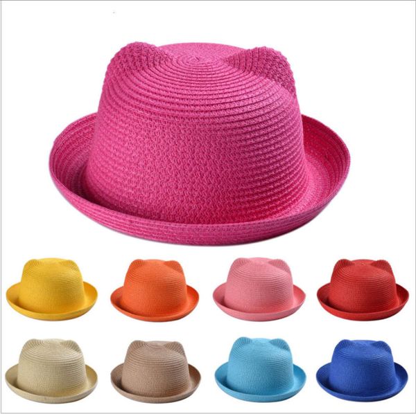 

sun hat for children summer cute cat ear sunshade children's straw hat, Yellow