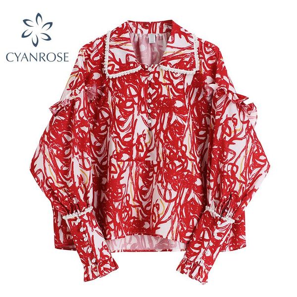 

vintage pearl blouses and shirts for ladies stylish red print elegant hong kong style lapel cardigan chic button ins blusas women's &, White