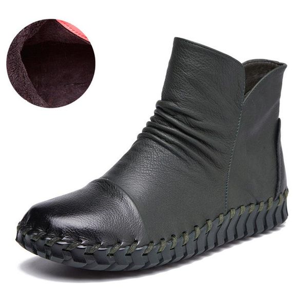 

boots warm winter genuine leather ankle lady soft flat shoes comfortable casual moccasins side zip, Black