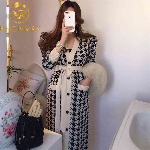 

autumn houndstooth knitted long cardigans sweaters coat women sleeve singe-breasted v-neck sashes vintage fashion 210506, White