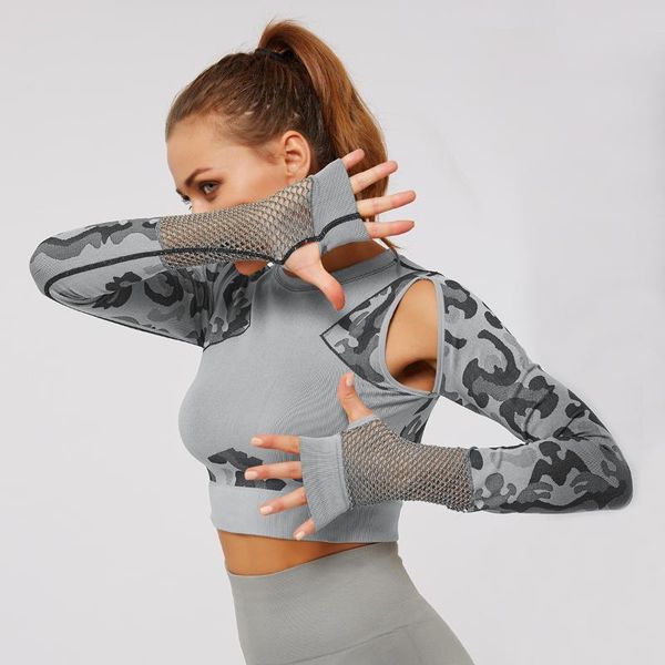 

seamless women yoga tight-fitting camouflage casual slim breathable long-sleeved sportswear gym fitness clothes outfits, White;red