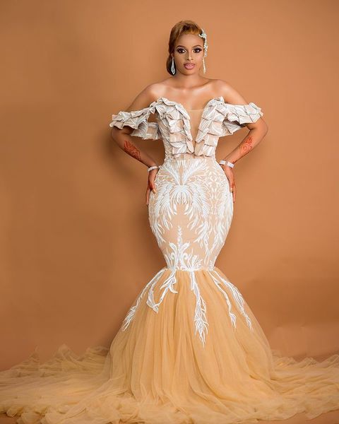 2022 плюс размер арабский арабский aso ebi шампанское кружевное русалка свадебное платье милая стильный тюль свадебные платья платье zj440