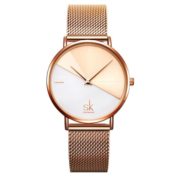 

wristwatches sports watch concept creative ladies rose gold mesh belt blue and white contrast style female fashion, Slivery;brown