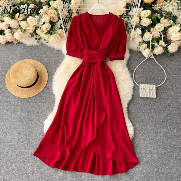 

casual dresses sets neploe fench style 2021 solid temperament puff mouwen vestidos shrimps irregular split backs women's dress ohr9, Black;gray