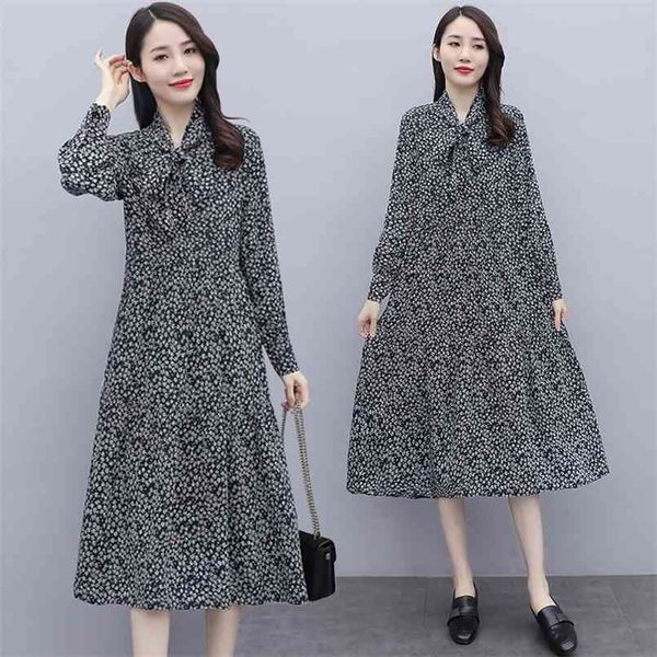 

elegant women party long sleeve dress vestidos spring autumn vintage floral chiffon midi plus size boho 210528, Black;gray