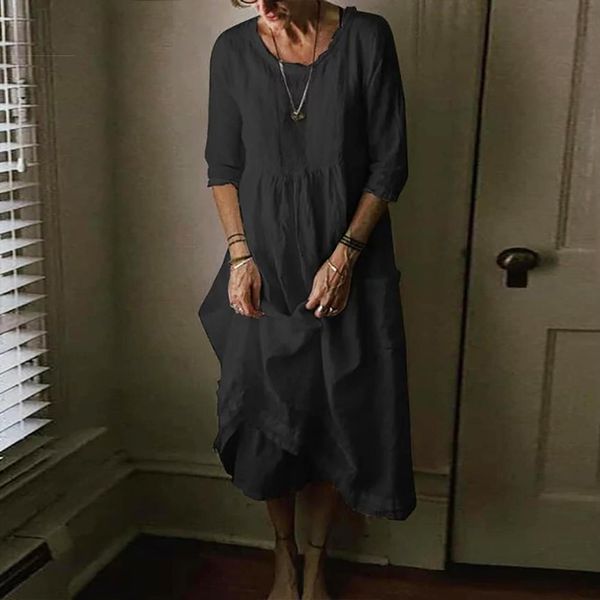 

solid color loose casual women dress half sleeve summer o neck pocket robe femme sundress, Black;gray
