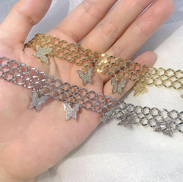 

chains micro-inlaid zircon butterfly hollow mesh hip-hop style women's necklace 210327-62, Silver