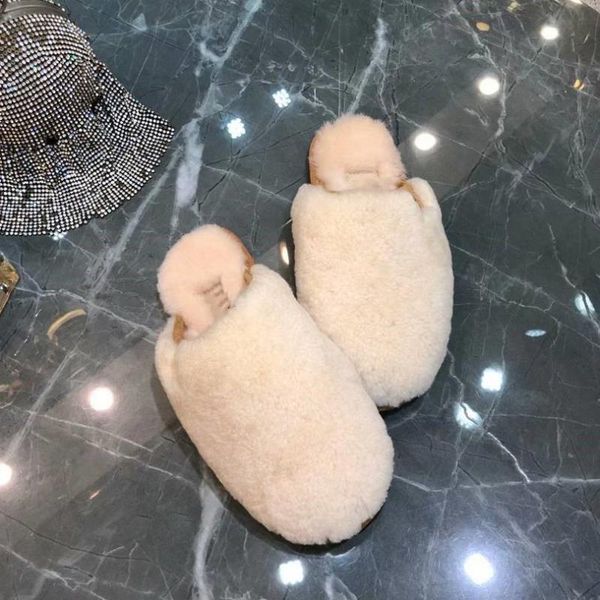 

winter women's slippers wool furry slides for women genuine leather whole warm-keeping inside fashion shoes, Black