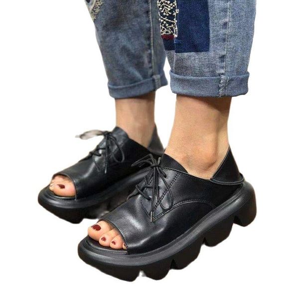 

sandals 512-6 summer retro handmade thick-soled leather fish mouth shoes with muffin bottoms two wearing cowhide, Black