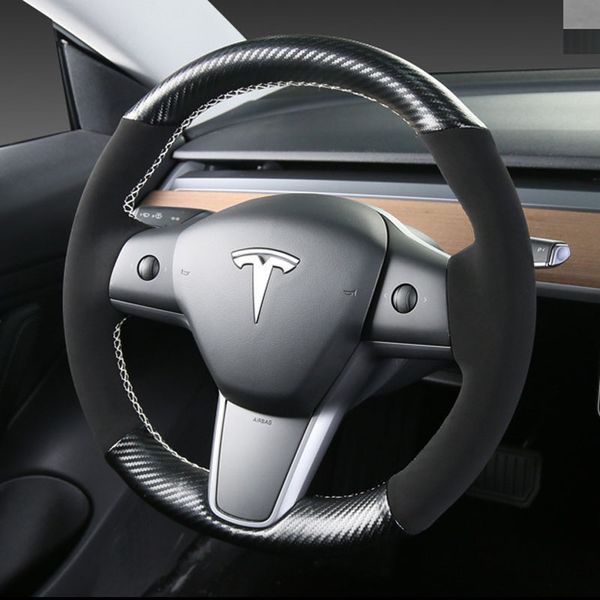 

interior diy 3d black carbon fiber&black suede leather steering wheel hand sewing wrap cover fit for tesla model 3 2017-2020
