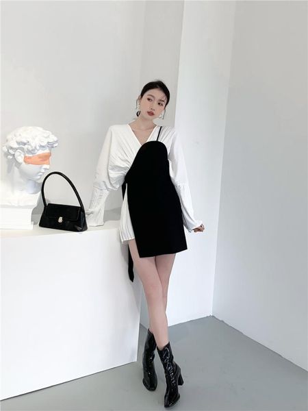 

casual dresses superaen fall/winter suit 2021 fashion folding vest two-piece streetwear puff sleeve v-neck for women, Black;gray