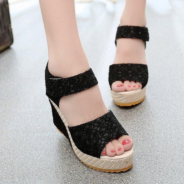 

cancer summer slope heel sandals fisherman's shoes women's straw, Black