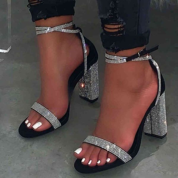 

sandals ins bling rhinestone ankle strap female block open toe party shoes women cover heel sandals, Black