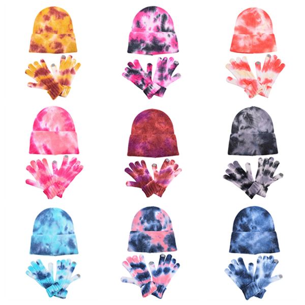 

two sets of new tie-dye knitted hat gloves stylish cycling thermal suit, Blue;gray