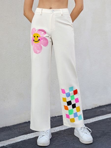 

cartoon face & floral & plaid pattern straight leg pants m4pg#, Black;white
