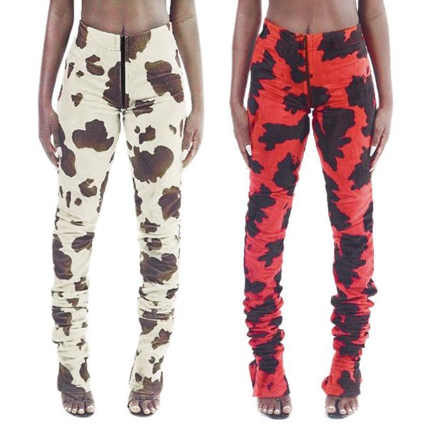 

women's pants & capris cow print zipper women stacked high waist fashion street style slim bodycon autumn long trousers, Black;white