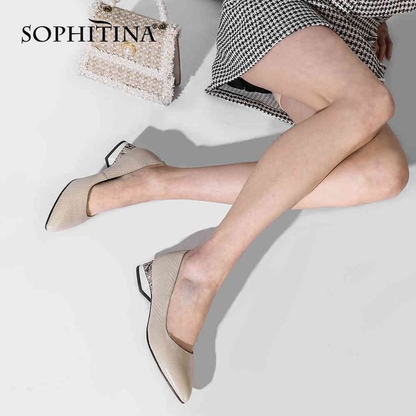 

sophitina pumps shoes for women heels basic medium genuine leather mature style pointed toe spring autumn snakeskin heel pc994 210513, Black