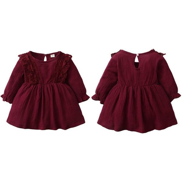 

girl's dresses girls kids soild colours long sleeves round neck knee length tunic dress stylish children plain casual outwearing clothe, Red;yellow