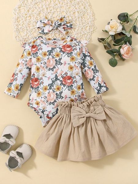 

baby floral print ruffle trim bodysuit & bow front skirt & headband she, White