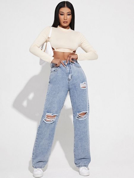 

high waist ripped frayed straight leg jeans d42g#, Blue