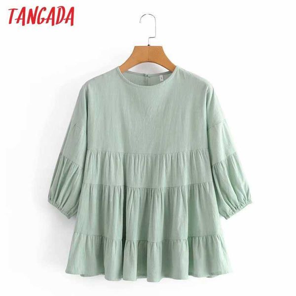 

tangada women retro loose pleated shirt o neck three quater sleeve chic female shirt 5d49 210609, White