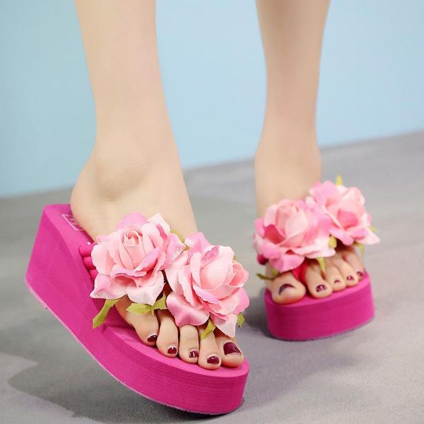 

slippers women summer luxury slides high-heeled shoes lady on a wedge shale female beach med platform flower rubber flip flops d, Black