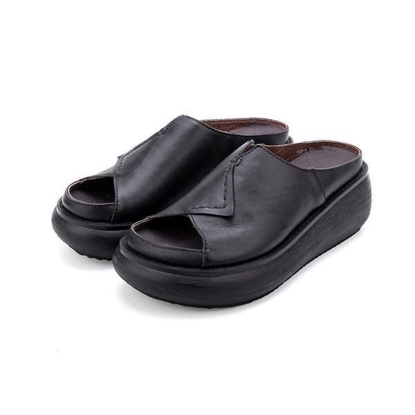 

slippers 510-5 retro handmade cowhide leather shoes women thick bottom literature increase slope outside wear female summer slipper, Black