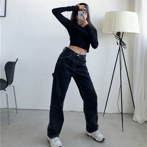 

autumn vintage women jeans streetwear high waist boyfriend black wide leg mom woman straight denim pants 210708, Blue