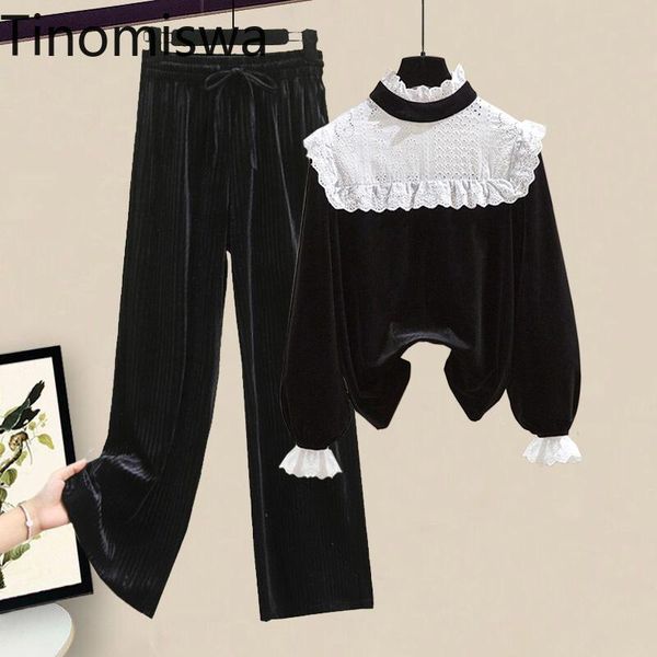 

women's two piece pants tinomiswa women set contrast color lace patchwork long sleeve high waist wide leg casual loose outfits, White