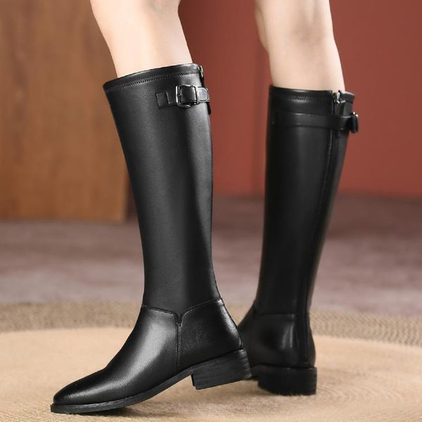 

boots women's genuine leather back zip metal buckle winter warm plush knee high knight soft comfortable casual long shoes, Black