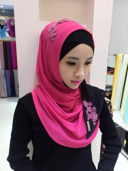 

scarves (12 pieces/lot) design embroidery lace muslim instant hijabs, slip on islamic hijab scarf assorted colours hw217, Blue;gray