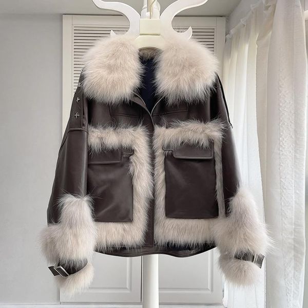 

women's leather & faux fur grass women's young short 2021 sheep skin stitching fashion coat, Black