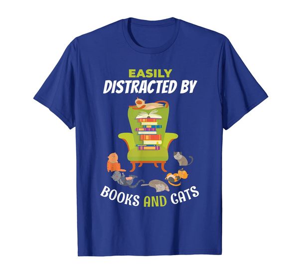 

easily distracted by cats and books reading t-shirt, White;black