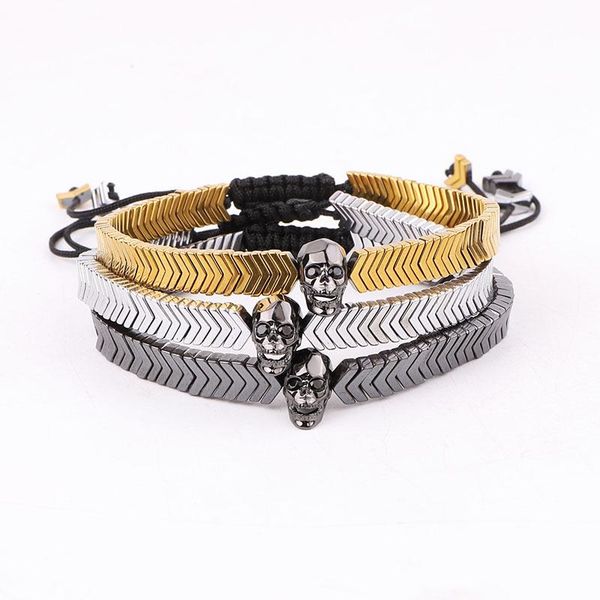 

beaded, strands design hematite beads cz skull macrame adjustable bracelet jewelry for men, Black