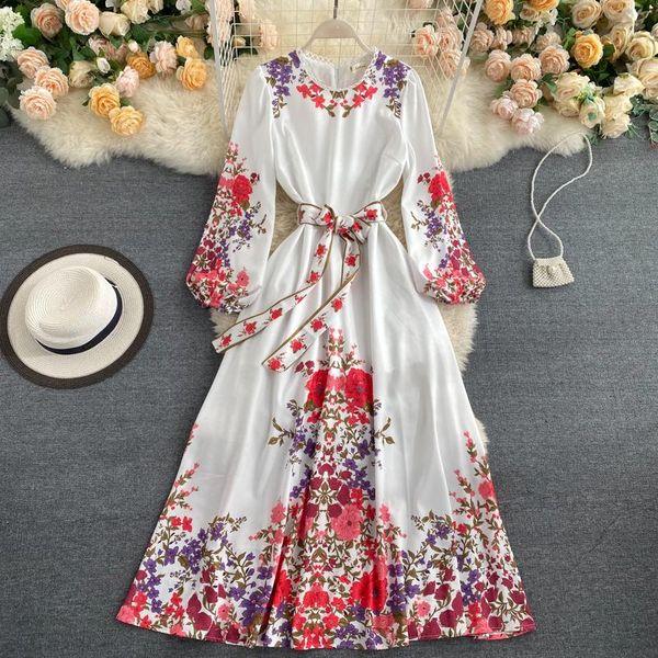 

casual dresses women vintage floral print long dress spring summer o neck puff sleeve a-line sash bandage bohemian beach party maxi, Black;gray