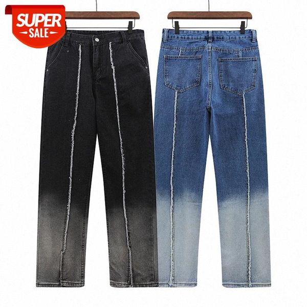 

retro casual stitching jeans loose gradient straight trousers #x48p, Blue