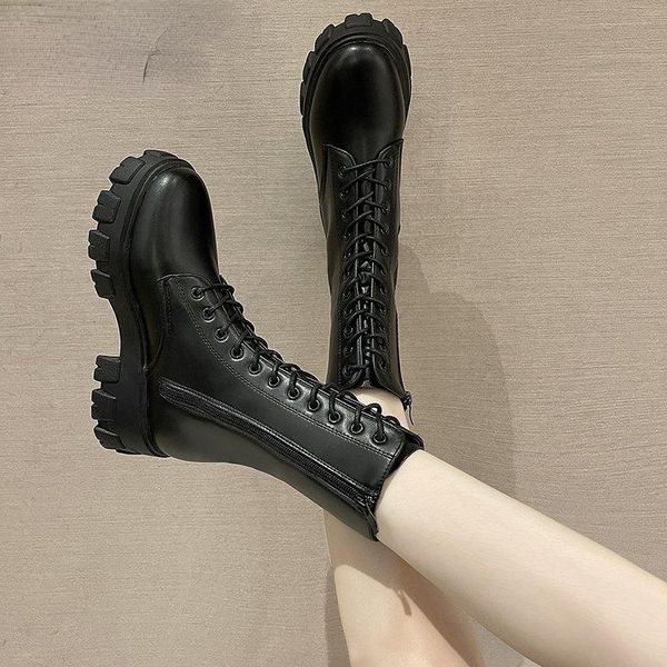 

boots autumn women fashion black leather platform gothic punk combat mid-calf for botas de mujer 2021