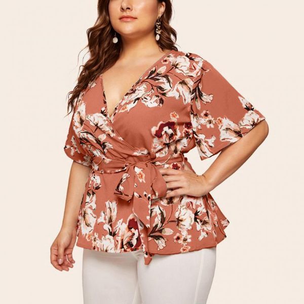 

plus size t-shirt women blouse floral print v neck bow sashes short-sleeve ladies shirts fashion female casual mujer, Black
