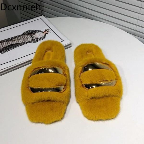 

winter fur flat women slippers open toe slip on loafers metal decor mules shoes woman slides hair for, Black