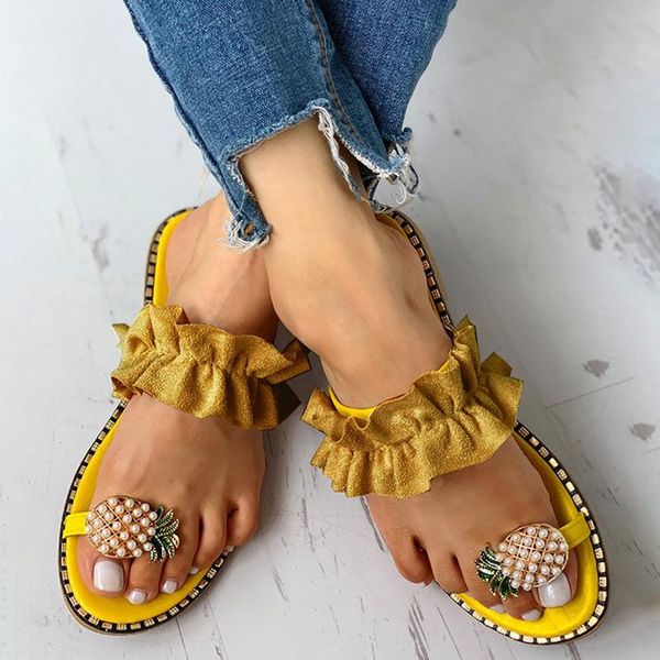 

monerffi 2021 summer flat heel women ladies sandals toe ring bohemia ananas shoe outdoor holiday slides 35-43, Black