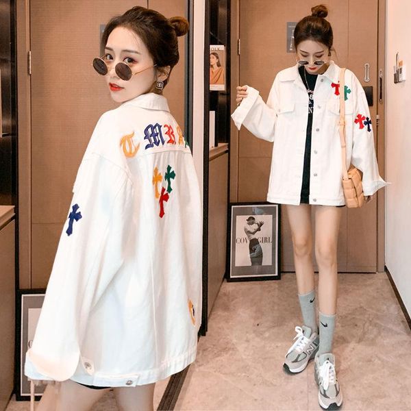 

spring machine embroidery loose white denim jacket mid-length long sleeve coat women's fashion brand ins jackets, Black;brown