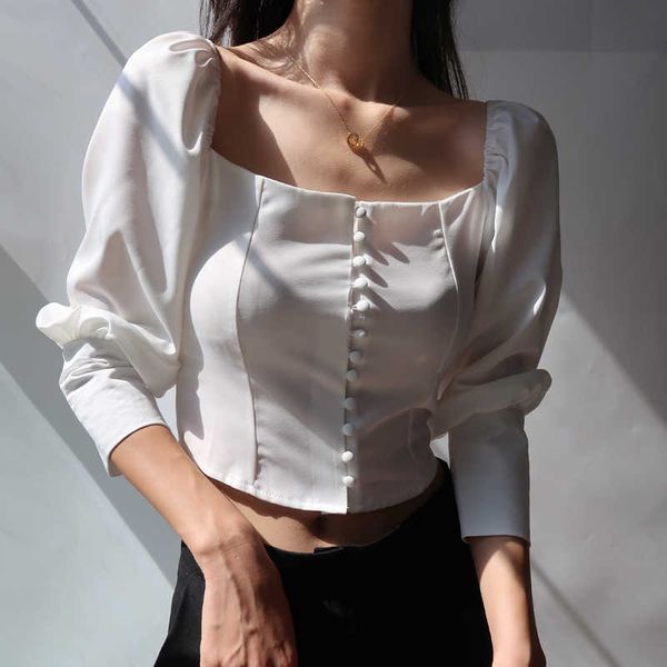 

womengaga french square collar single-breasted long-sleeved short shirt autumn puff sleeve slim blouse for women cjib 210603, White