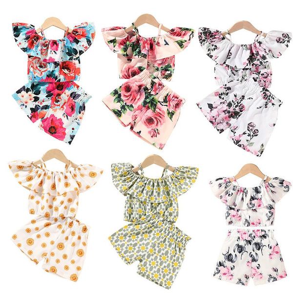 

summer baby girls clothes sets kids floral off shoulder short sleeve + shorts casual princess outfits 1-6y clothing, White