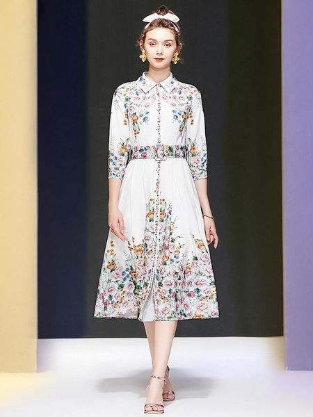

party dresses 2021 fall collar three-quarter half sleeve fashion print mid-length commuter dress for women, White;black