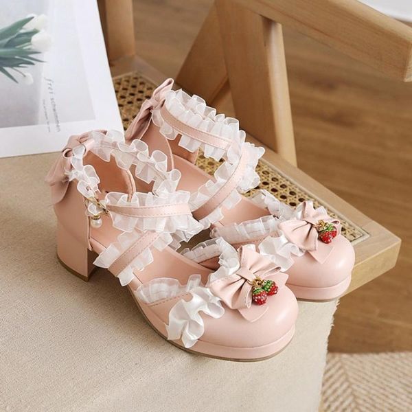 

womens lolita round toe bowknot strawberry kawaii cosplay shoes sandals block heel plus size mary janes, Black
