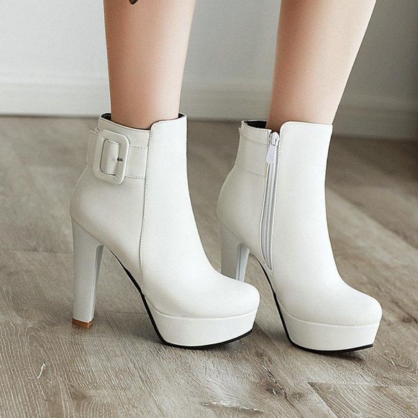 

boots fashion buckle ankle autumn women platform square high heel zipper round tor winter woman shoes 2021, Black