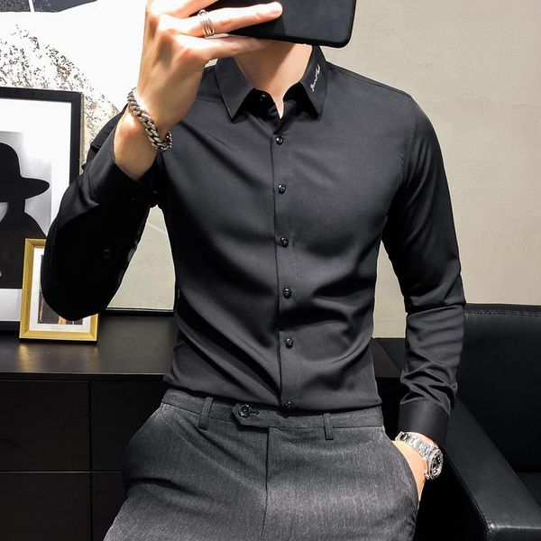 

men's casual shirts coreano slido roupas masculinas camisas casuais vestido de manga longa bordado colarinho simples formal wear fino a, White;black